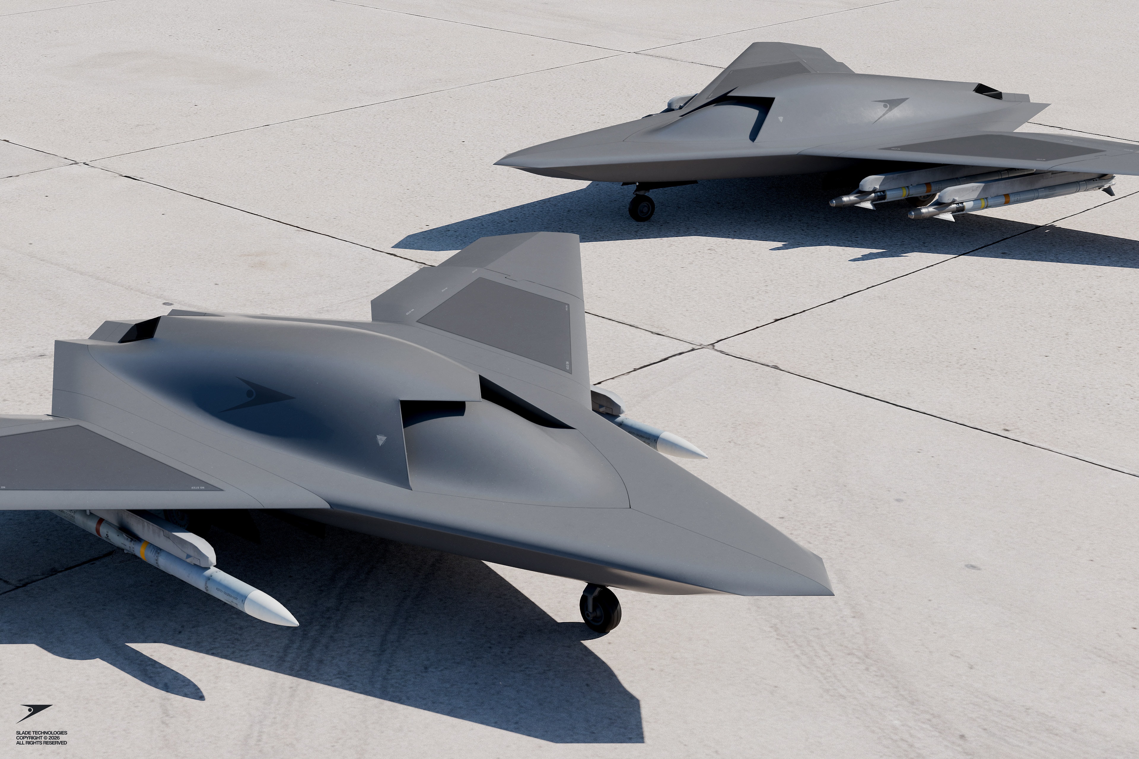 Two Specter II aircraft on a tarmac, armed with air-to-air missiles